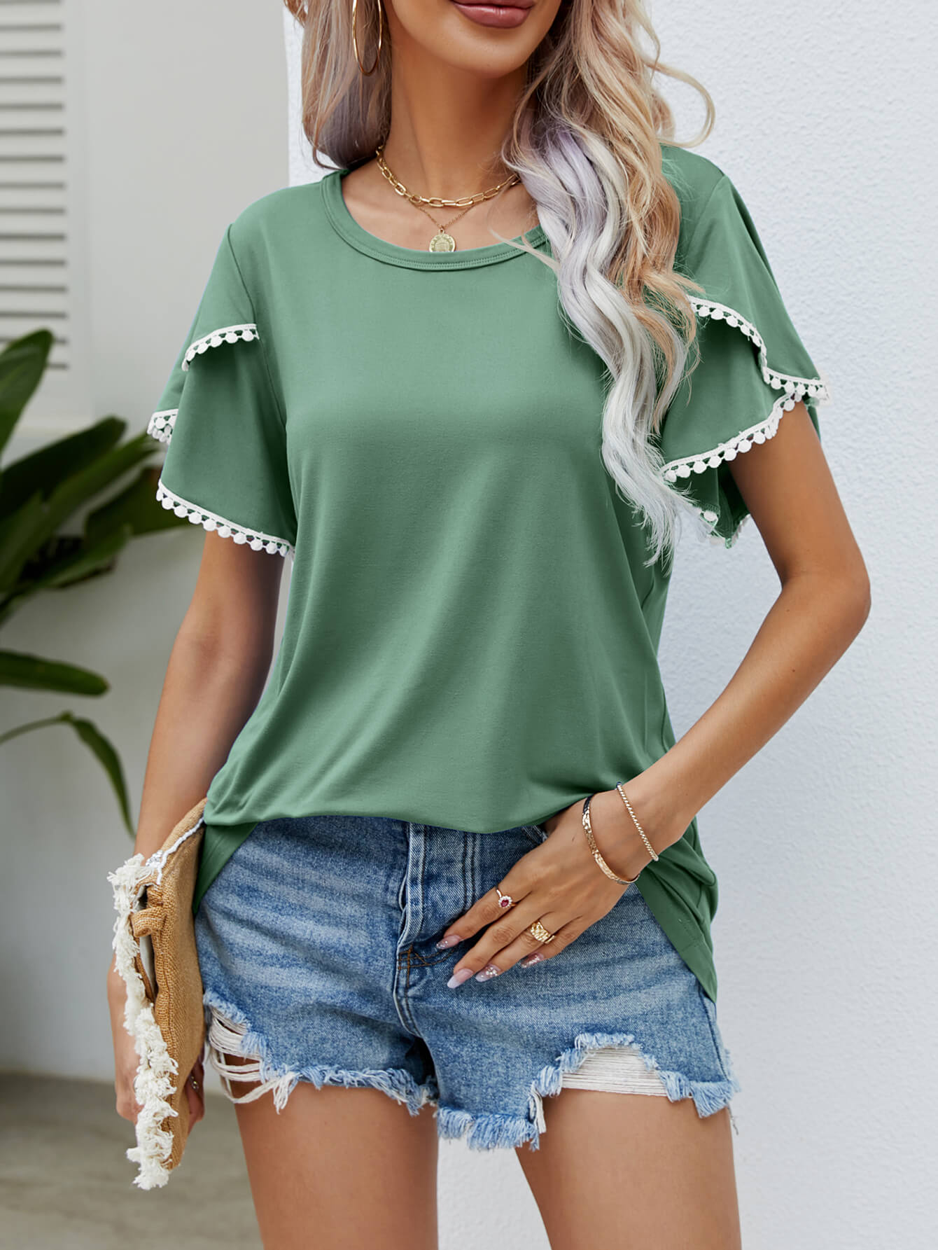 Pom-Pom Trim Flutter Sleeve Round Neck Tee-Angel Casuals