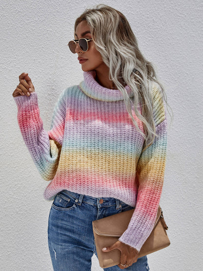 Rainbow Rib-Knit Turtleneck Drop Shoulder Sweater-Angel Casuals