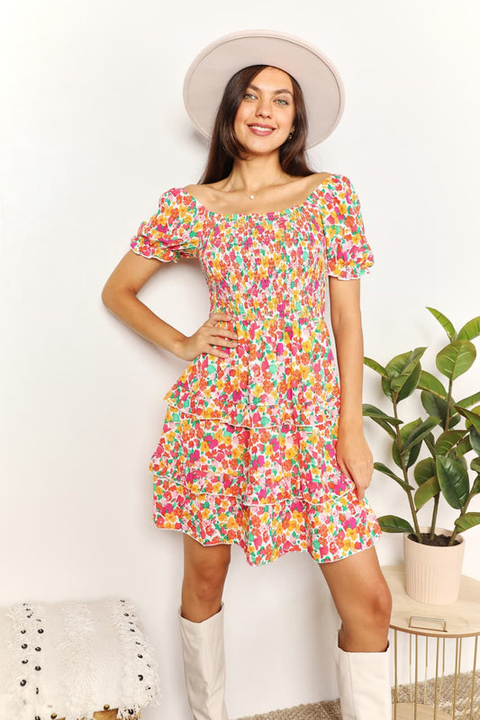 Smocked Sweetheart Neck Flounce Sleeve Mini Dress-Angel Casuals