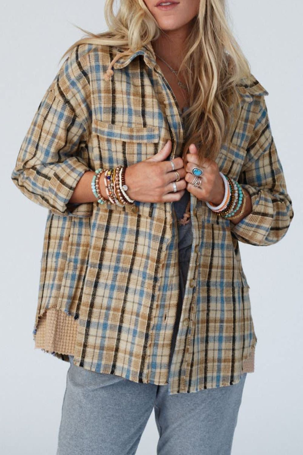 Drawstring Waffle Knit Patchwork Hooded Plaid Shacket-Angel Casuals