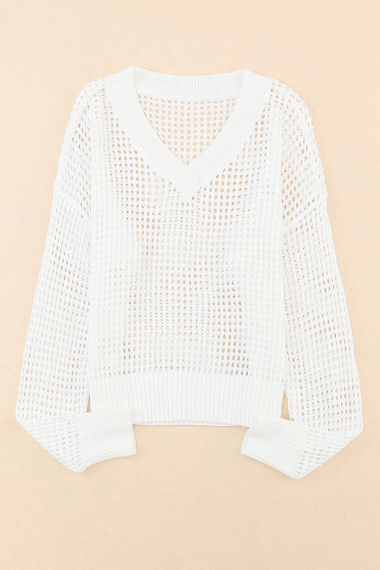 Openwork V-Neck Dropped Shoulder Knit Top-Angel Casuals