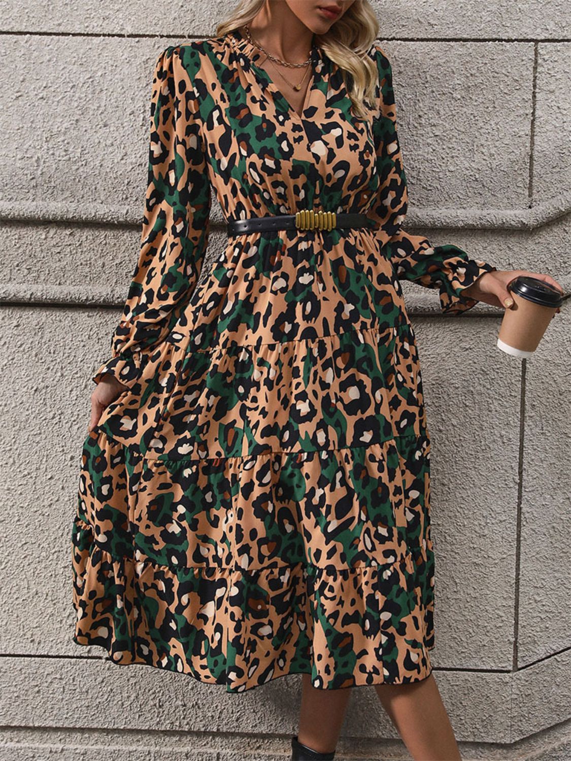 Leopard Notched Flounce Sleeve Midi Dress-Angel Casuals