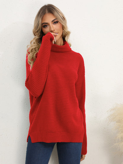 Slit Turtleneck Dropped Shoulder Sweater-Angel Casuals