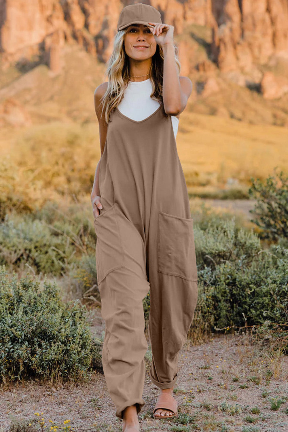 Double Take Full Size V-Neck Sleeveless Jumpsuit with Pockets-Angel Casuals