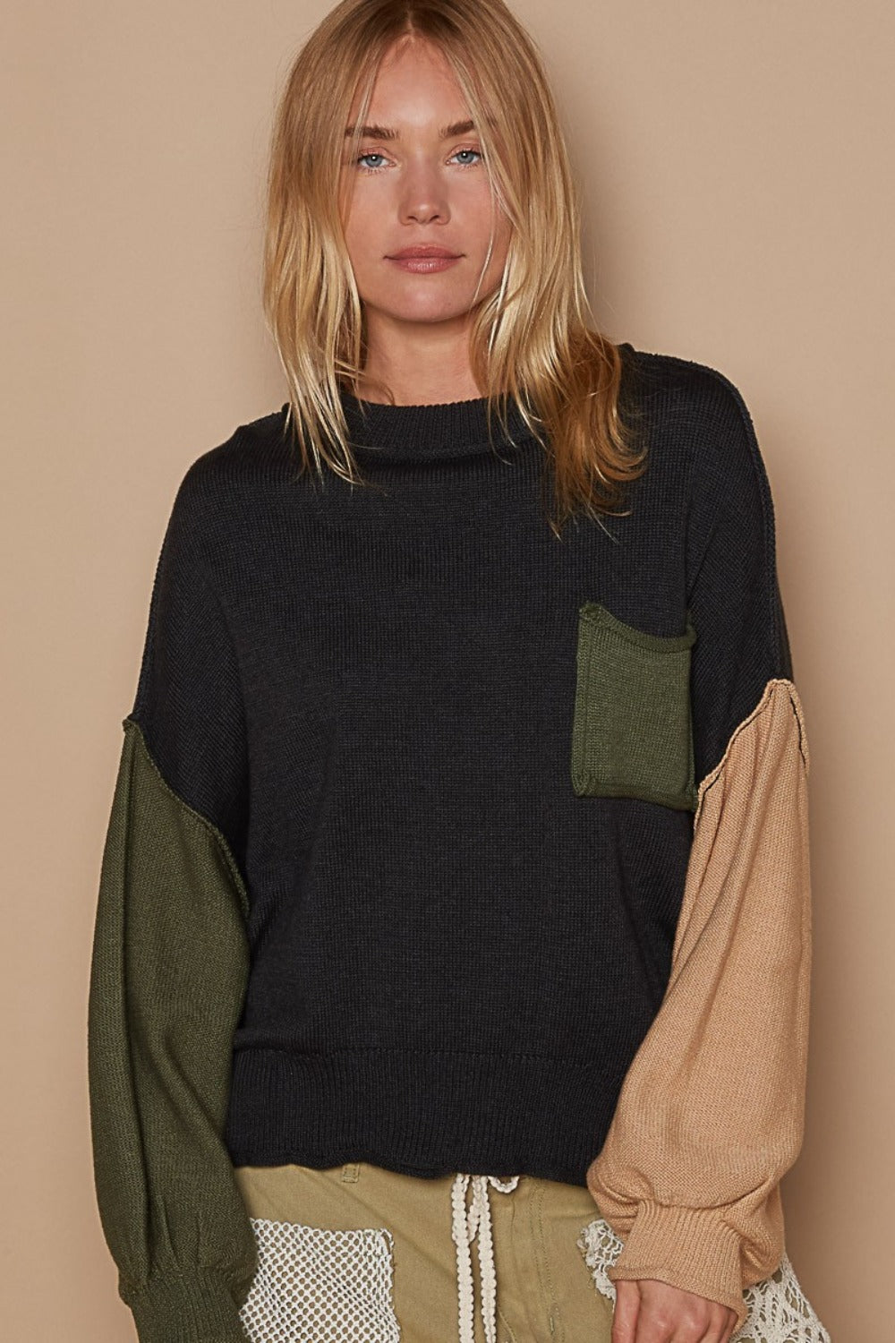 POL Color Block Roll Hem Hacci Sweater-Angel Casuals