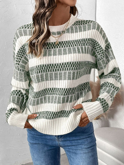 Perfee Contrast Round Neck Long Sleeve Sweater-Angel Casuals