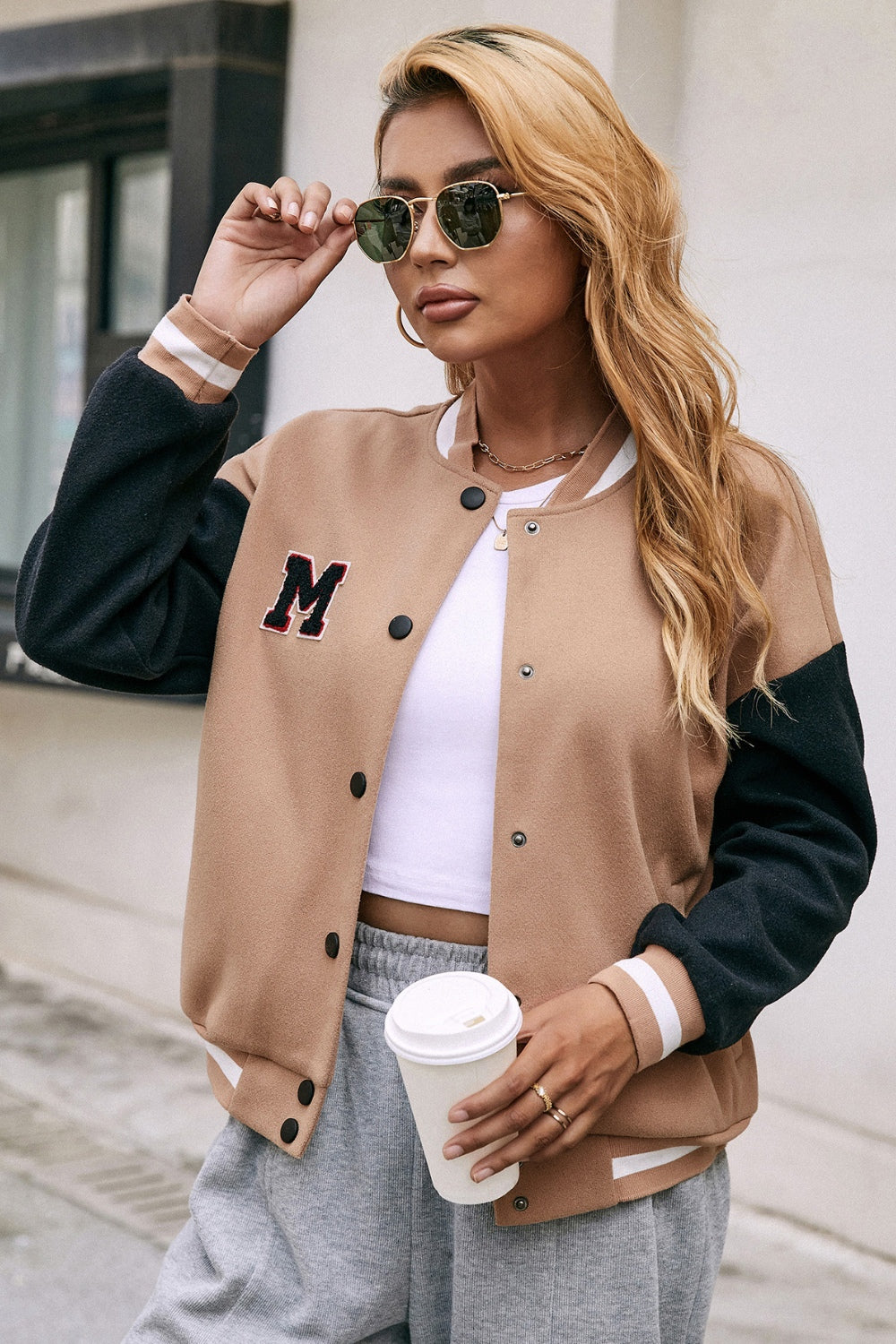 Ivy Lane Contrast Baseball Collar Snap Down Jacket-Angel Casuals
