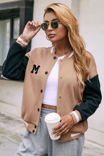 Ivy Lane Contrast Baseball Collar Snap Down Jacket-Angel Casuals