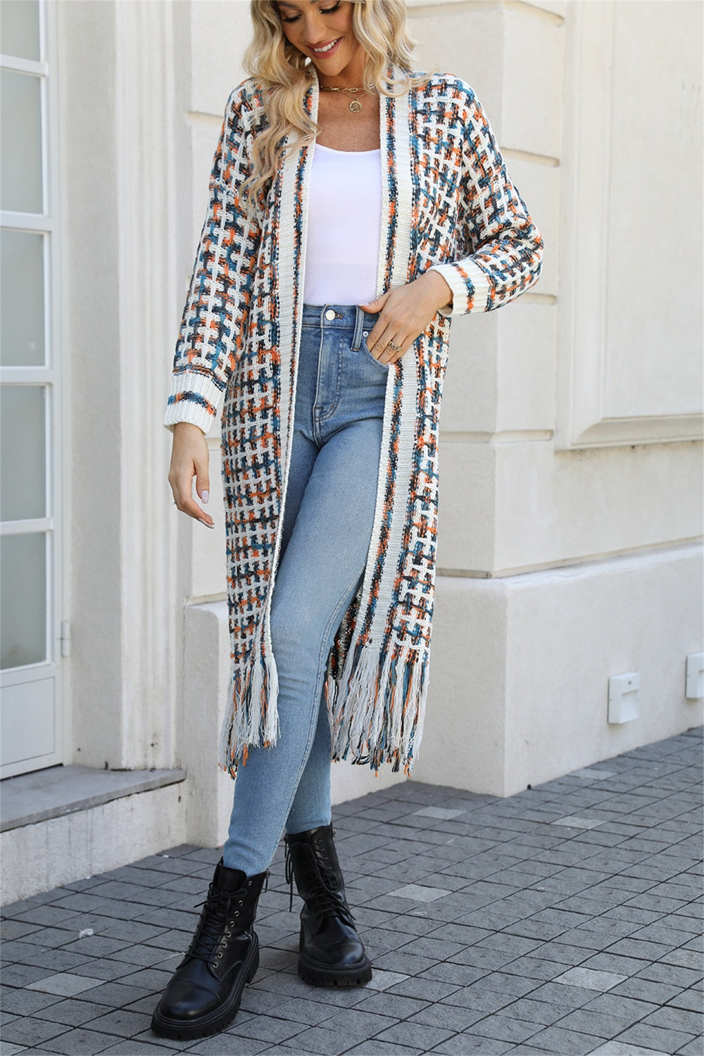 Multicolored Open Front Fringe Hem Cardigan-Angel Casuals