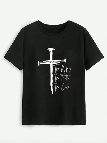 Cross Graphic Round Neck T-Shirt-Angel Casuals