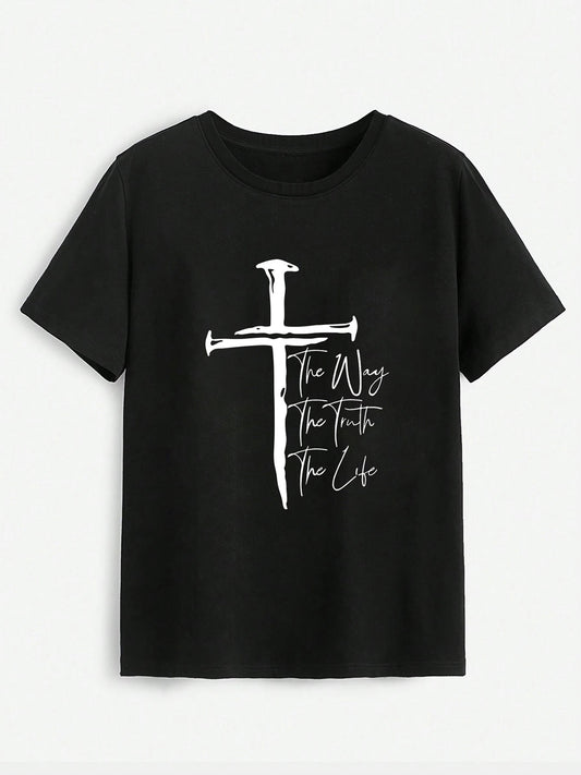 Cross Graphic Round Neck T-Shirt-Angel Casuals