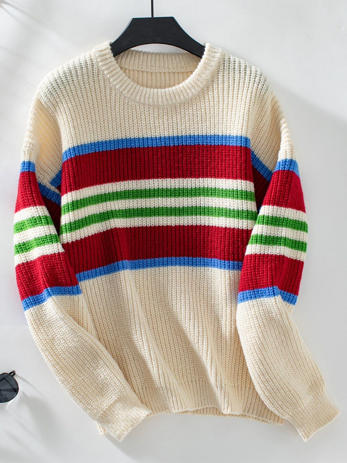 Contrast Stripes Round Neck Long Sleeve Sweater-Angel Casuals