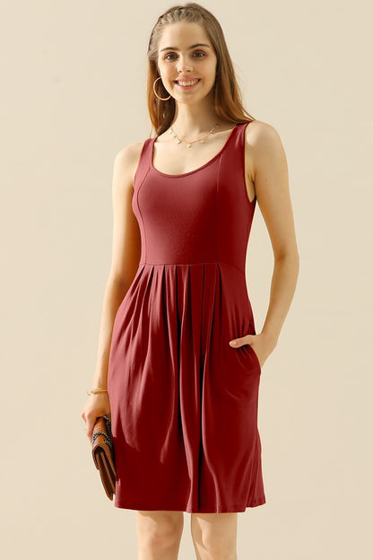 Doublju Full Size Round Neck Ruched Sleeveless Dress with Pockets-Angel Casuals