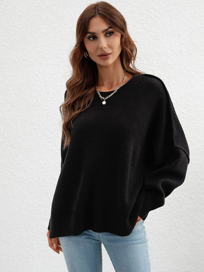 Exposed Seam Dropped Shoulder Slit Sweater-Angel Casuals