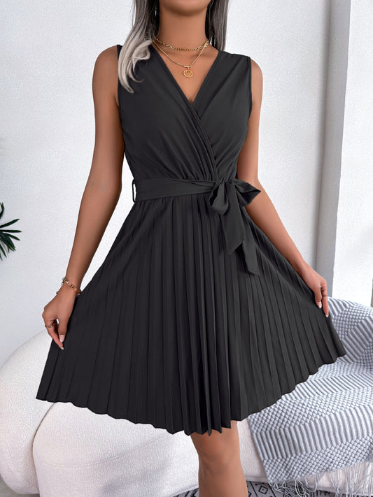 Tied Surplice Sleeveless Pleated Dress-Angel Casuals