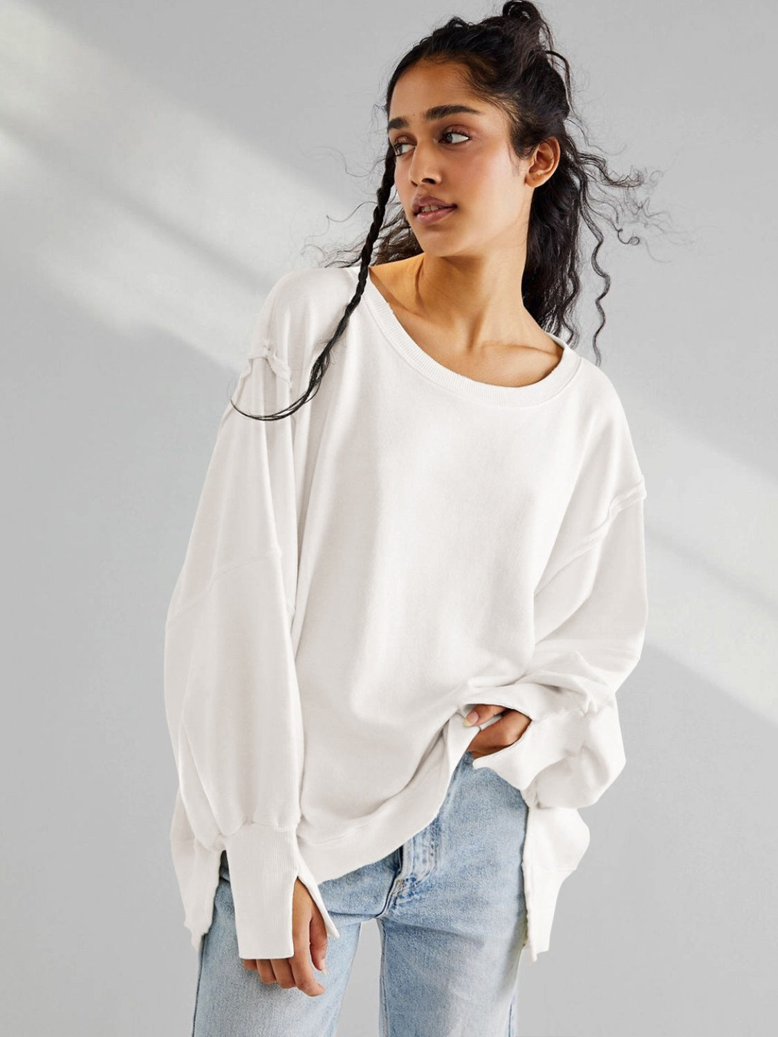 Slit Round Neck Dropped Shoulder T-Shirt-Angel Casuals