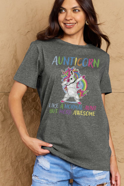 Simply Love Full Size AUNTICORN LIKE A NORMAL AUNT BUT MORE AWESOME Graphic Cotton Tee-Angel Casuals