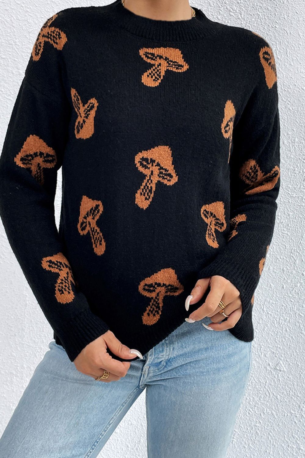 Graphic Mock Neck Dropped Shoulder Sweater-Angel Casuals