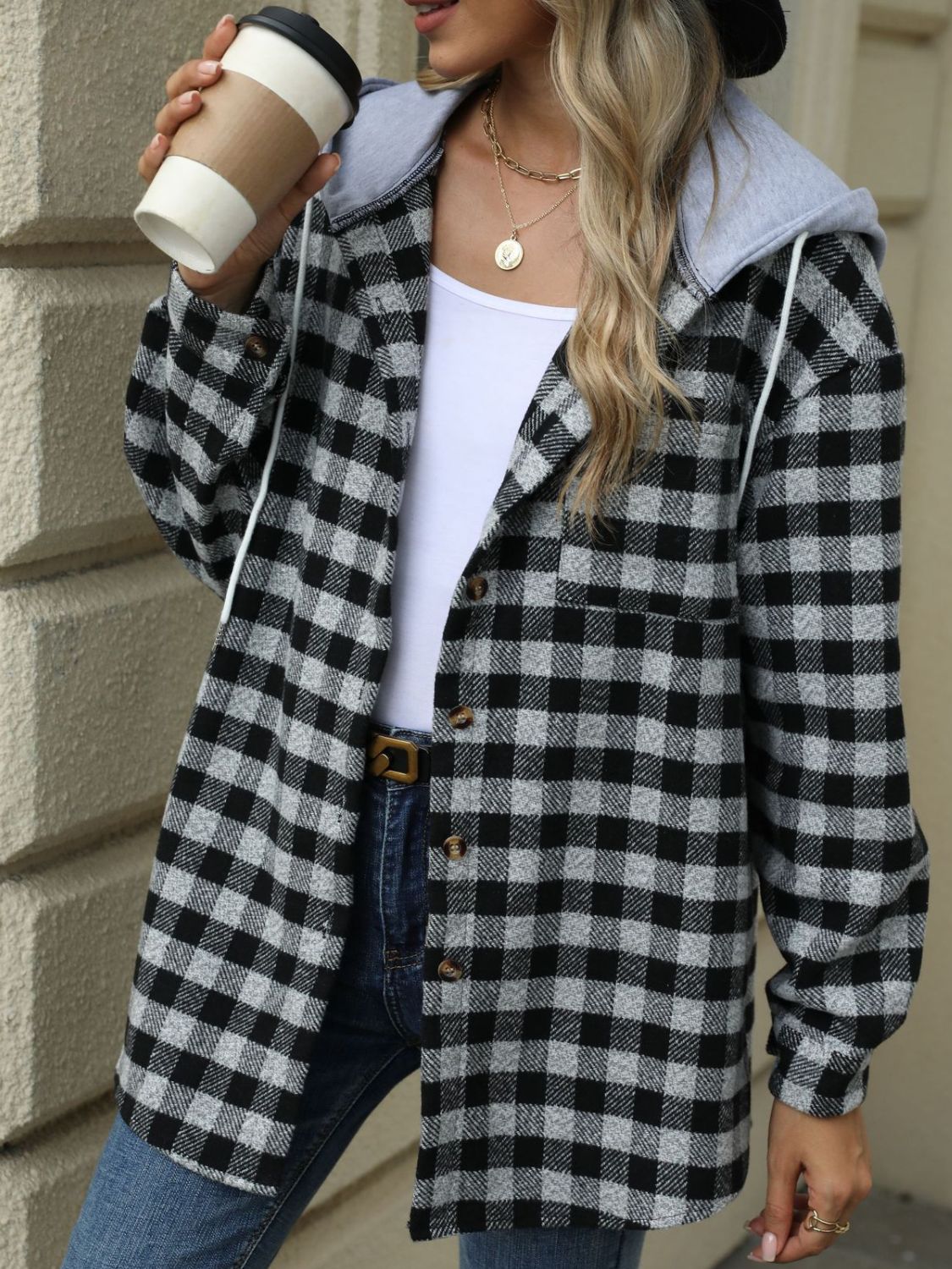 Drawstring Plaid Long Sleeve Hooded Jacket-Angel Casuals