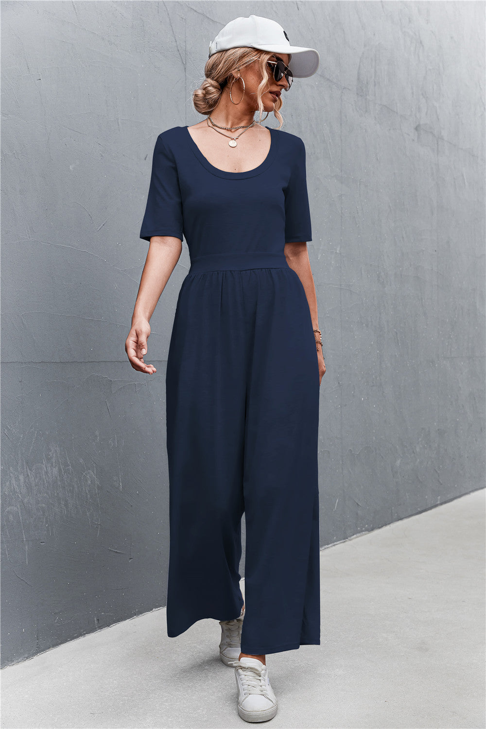 Scoop Neck Half Sleeve Wide Leg Jumpsuit-Angel Casuals