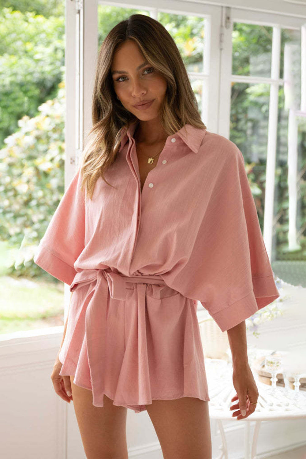 Tied Button Up Collared Neck Romper-Angel Casuals