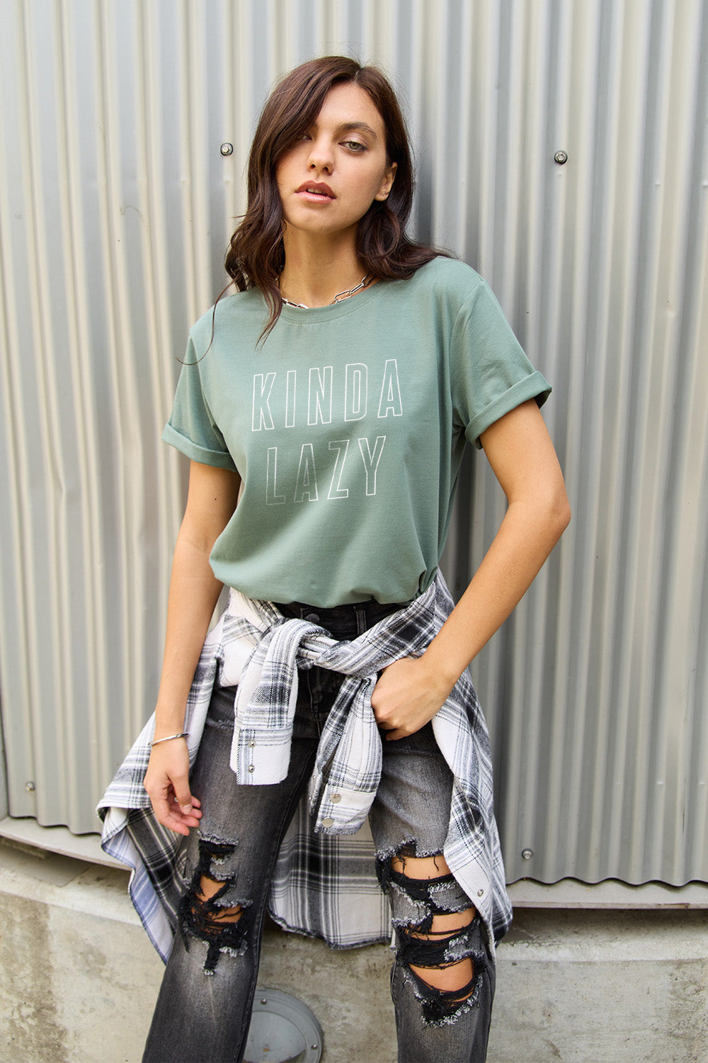 Simply Love Full Size KINDA LAZY Round Neck T-Shirt-Angel Casuals
