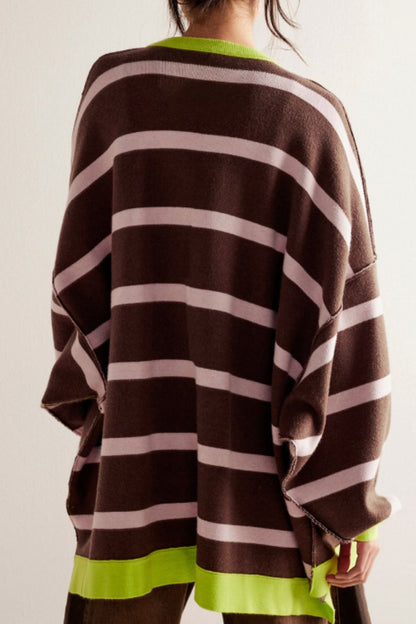 Contrast Stripes Button Down Long Sleeve Cardigan-Angel Casuals