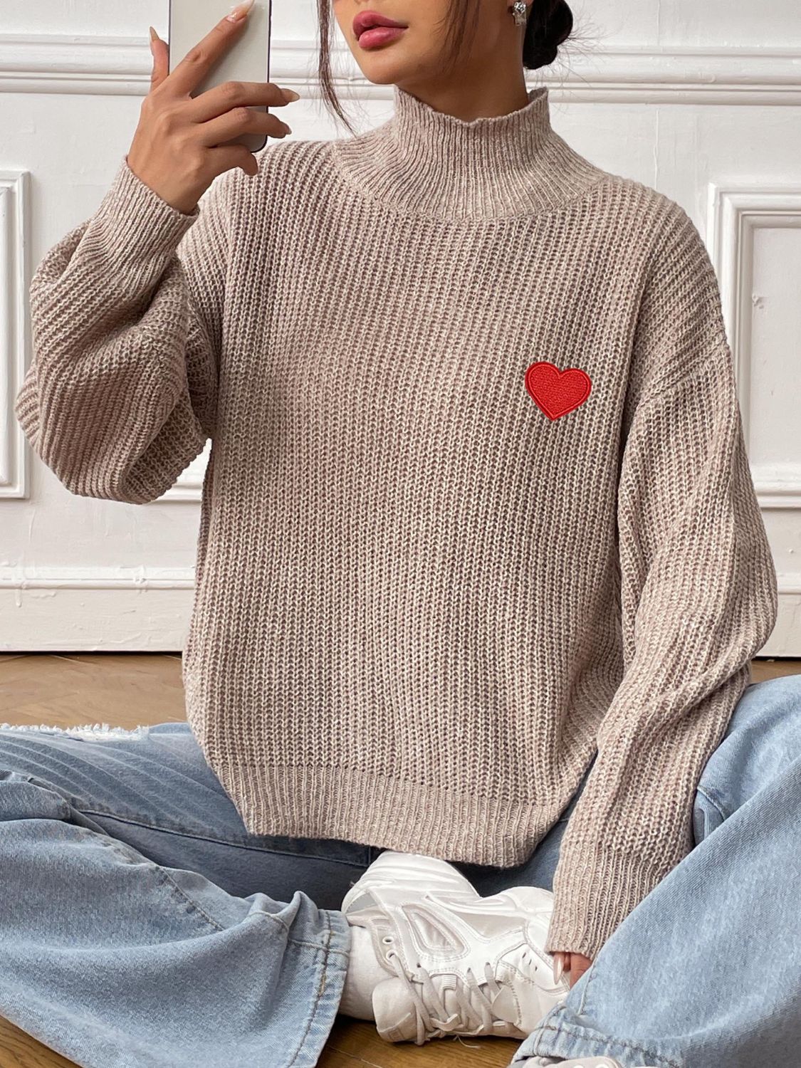 Heart Turtleneck Dropped Shoulder Long Sleeve Sweater-Angel Casuals