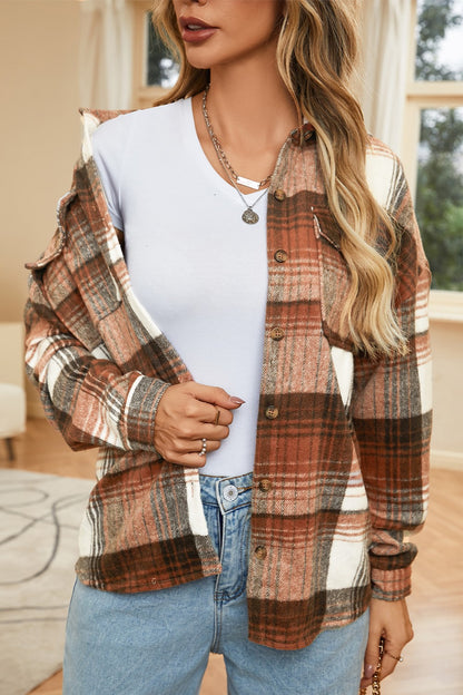 Double Take Plaid Dropped Shoulder Shacket-Angel Casuals