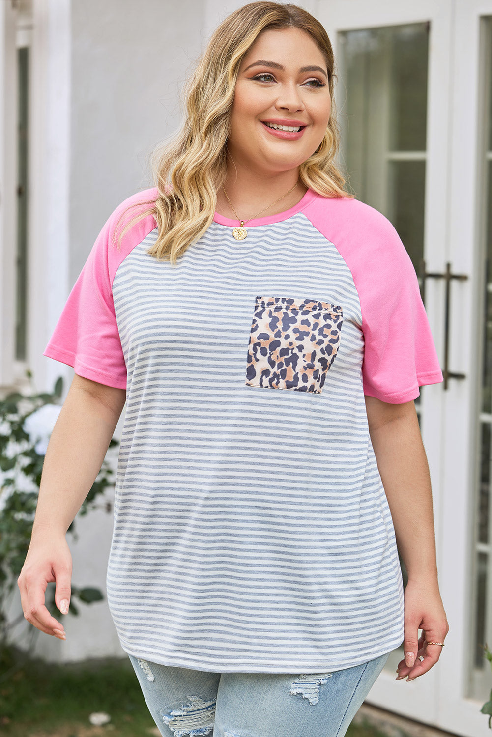 Plus Size Striped Leopard Round Neck T-Shirt-Angel Casuals