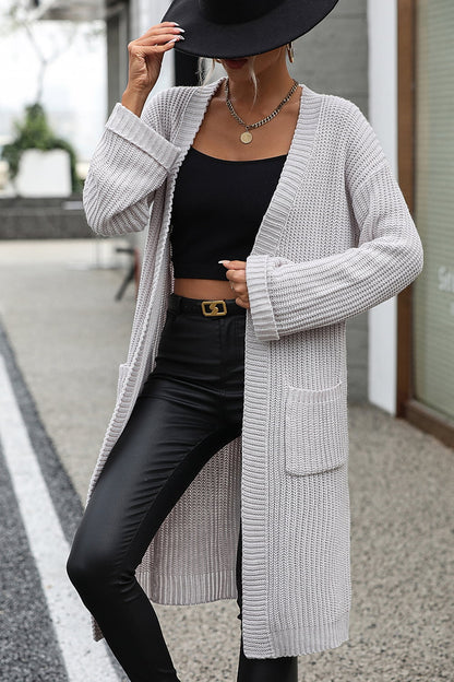 Dropped Shoulder Long Sleeve Cardigan with Pocket-Angel Casuals