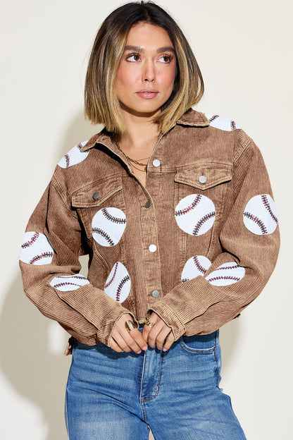 Baseball Sequin Dropped Shoulder Raw Hem Jacket-Angel Casuals