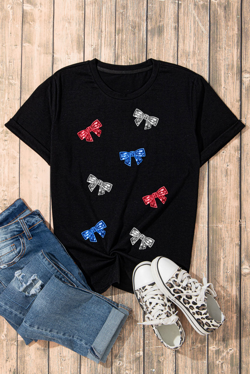 Bow Round Neck Short Sleeve T-Shirt-Angel Casuals