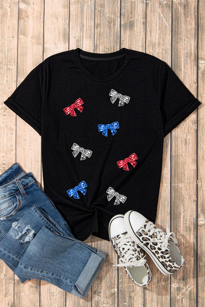 Bow Round Neck Short Sleeve T-Shirt-Angel Casuals