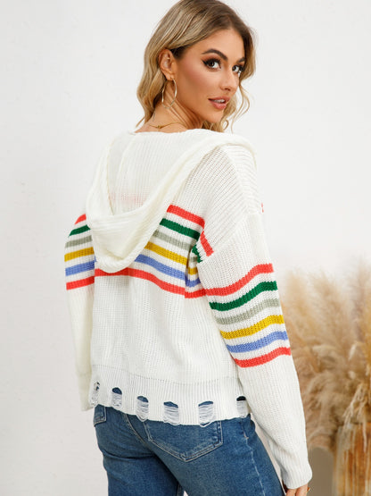 Drawstring Striped Dropped Shoulder Hooded Cardigan-Angel Casuals