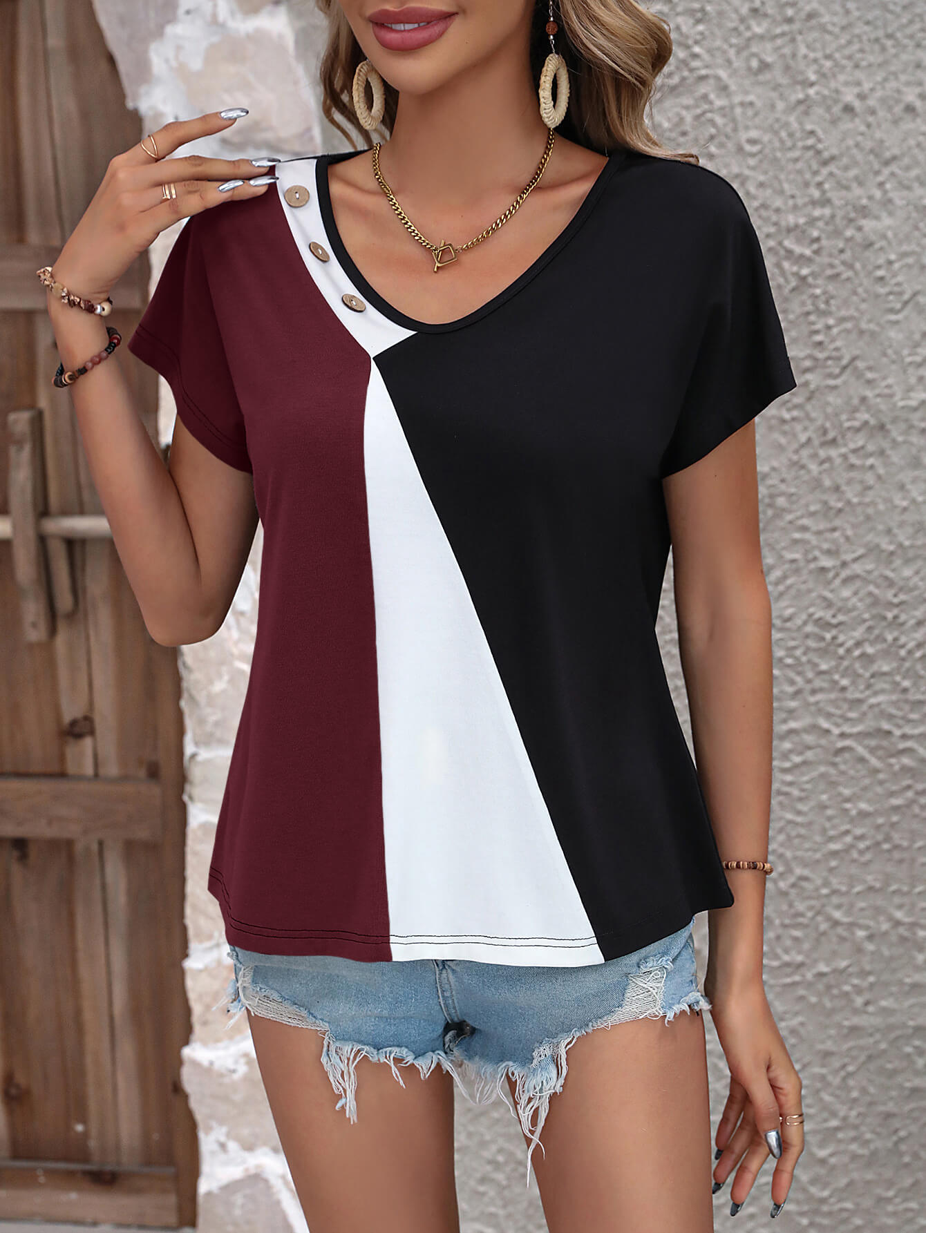 Color Block Decorative Button V-Neck Tee-Angel Casuals