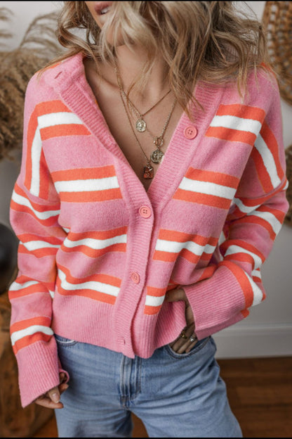 Striped Button Down Long Sleeve Cardigan-Angel Casuals