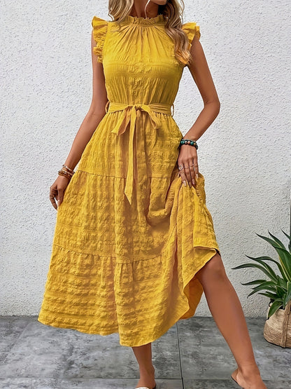 Tied Ruffled Cap Sleeve Midi Dress-Angel Casuals