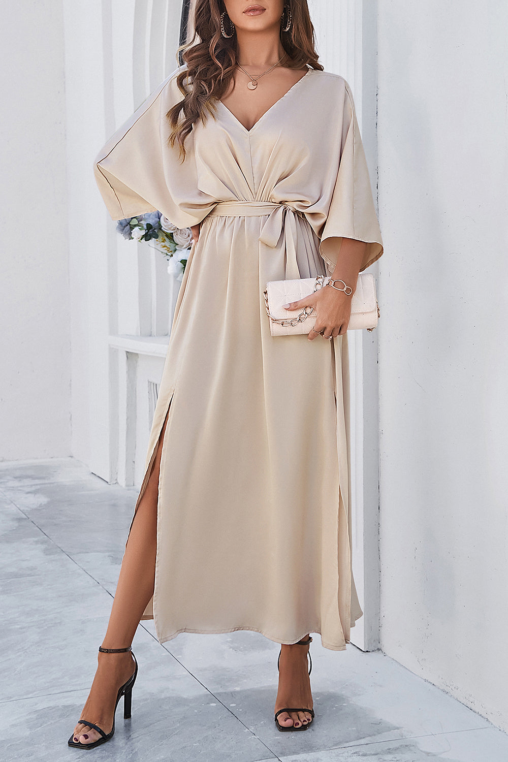 Slit Tied V-Neck Three-Quarter Sleeve Dress-Angel Casuals