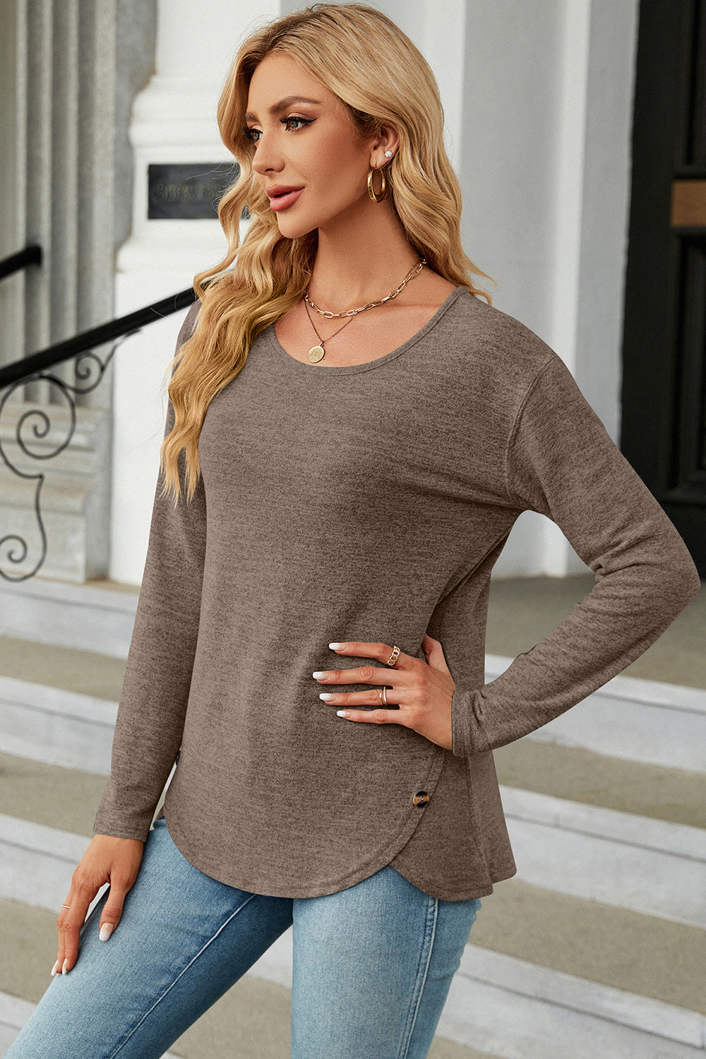 Round Neck Long Sleeve T-Shirt-Angel Casuals