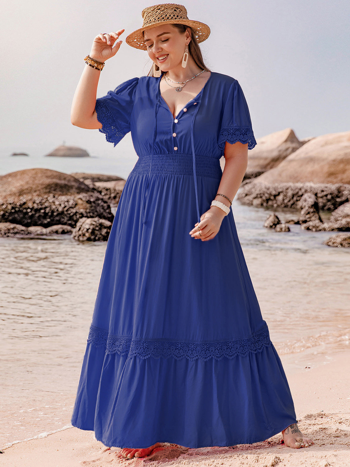 Plus Size Lace Detail Tie Neck Short Sleeve Maxi Dress-Angel Casuals