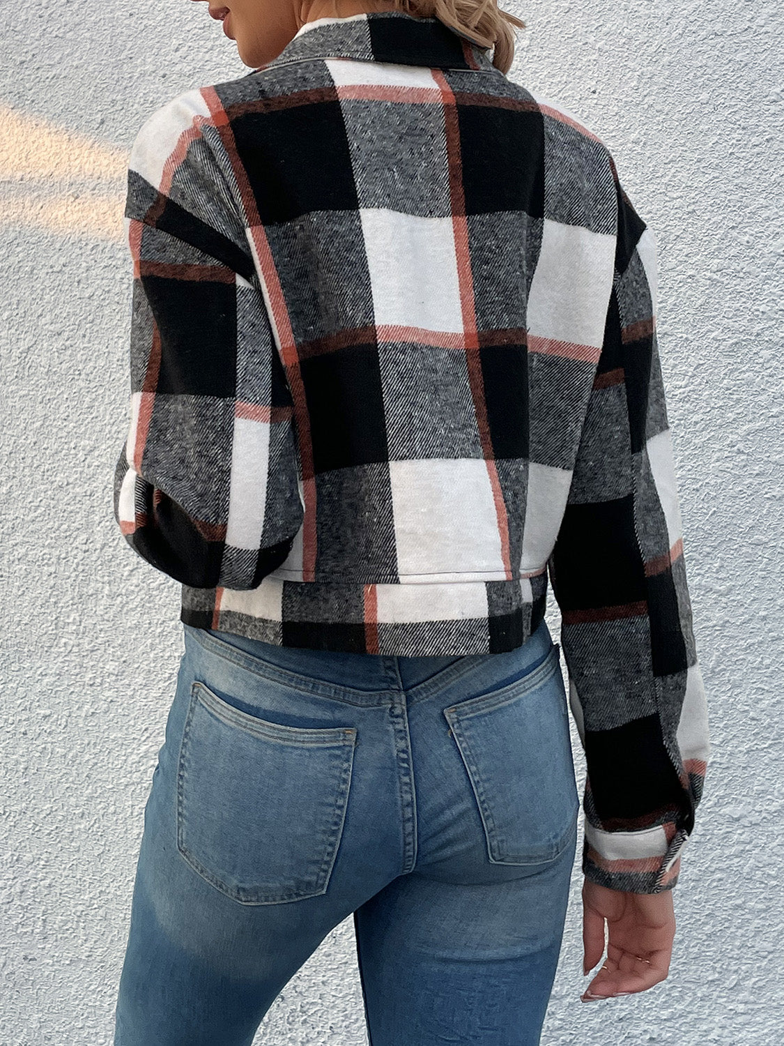 Perfee Plaid Button Up Drop Shoulder Cropped Jacket-Angel Casuals