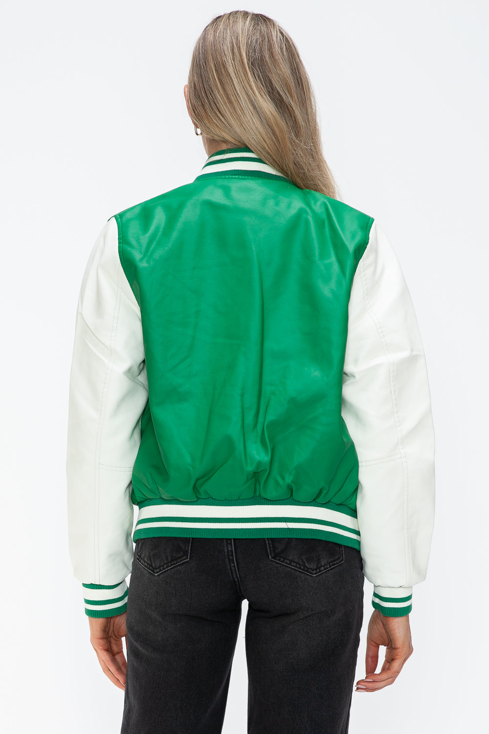 Love Me Now PU Leather Contrast Snap Down Bomber Jacket-Angel Casuals