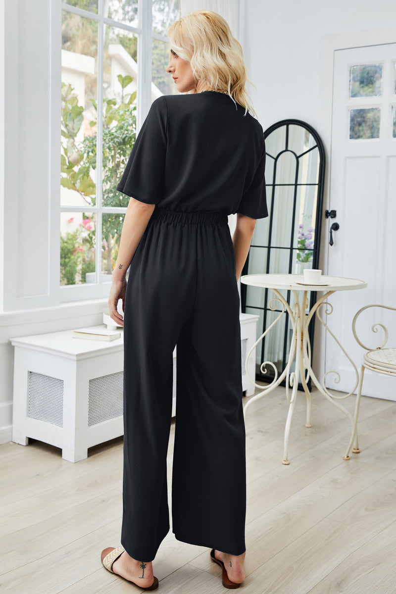 Tie Front Cutout Wide Leg Jumpsuit-Angel Casuals