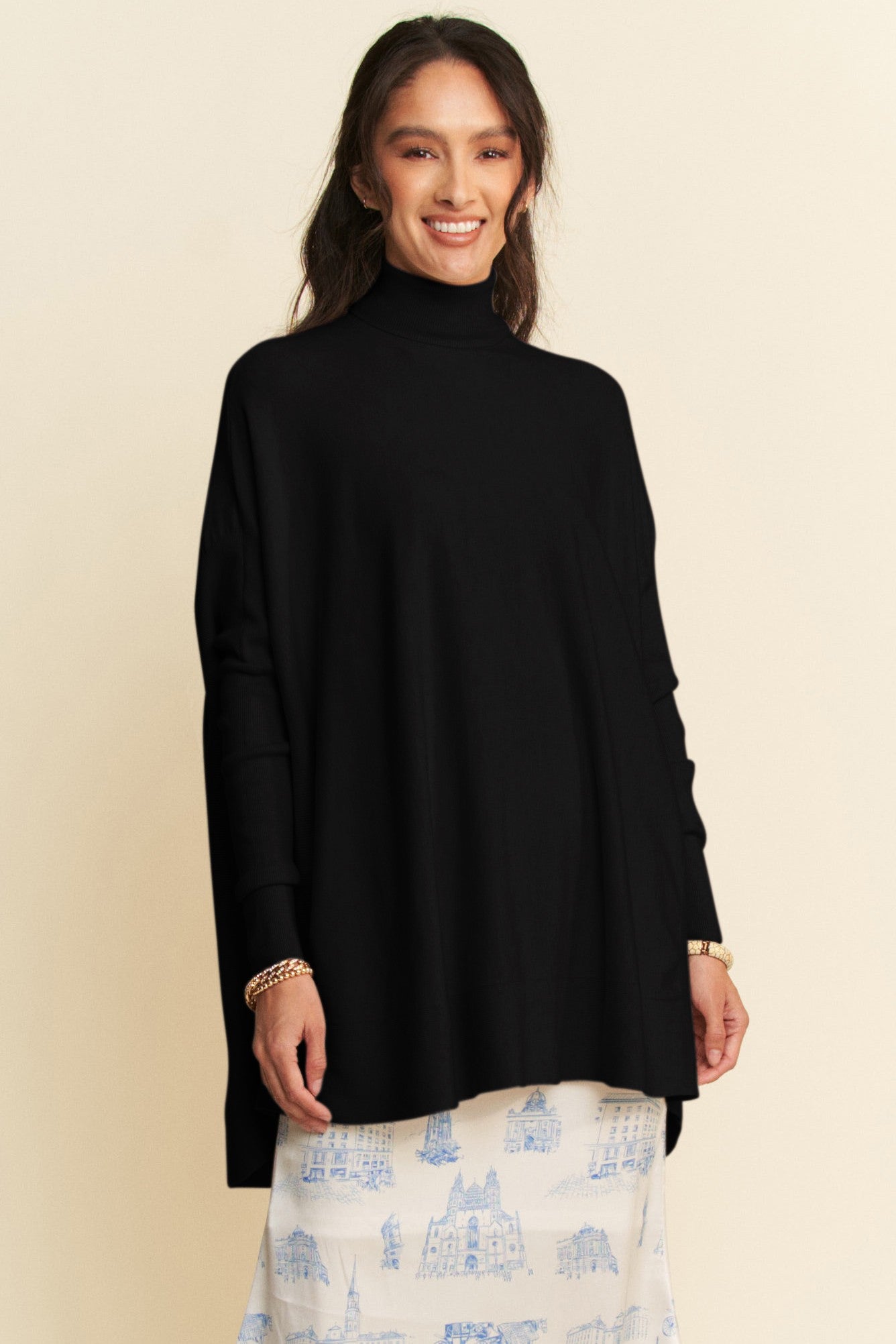 Davi & Dani High-Low Turtleneck Long Sleeve Knit Top-Angel Casuals