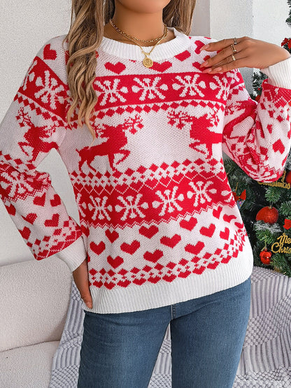 Christmas Element Round Neck Long Sleeve Sweater-Angel Casuals