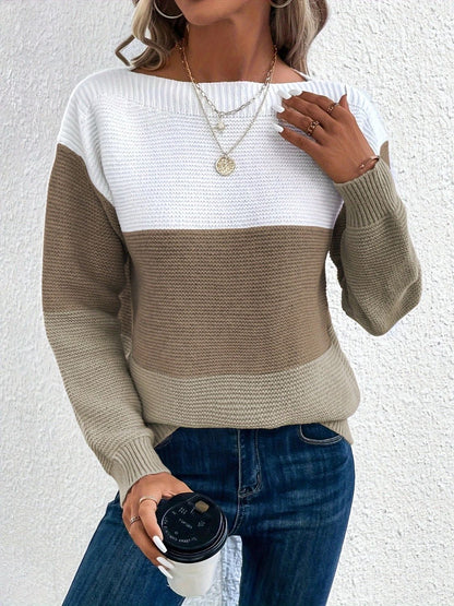 Color Block Boat Neck Sweater-Angel Casuals