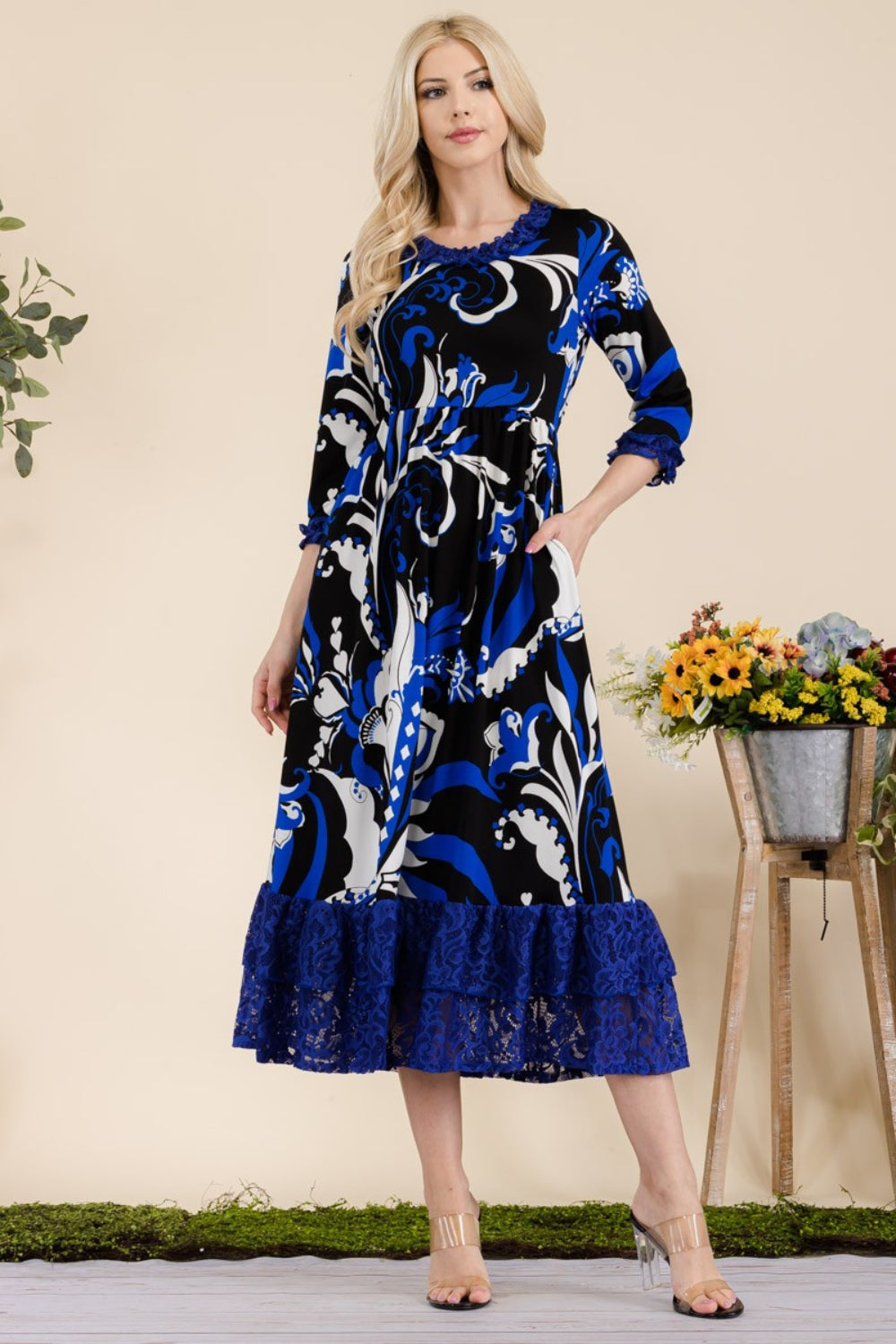 Celeste Full Size Paisley Print Lace Ruffled Midi Dress-Angel Casuals