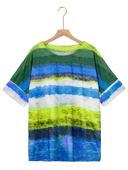 Full Size Color Block Round Neck Half Sleeve T-Shirt-Angel Casuals