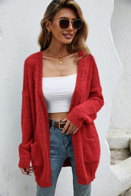 Open Front Openwork Fuzzy Cardigan with Pockets-Angel Casuals